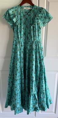 Cefinn Sawyer Maxi Dress Green Tiered Floral Organic Cotton Cottagecore Size 8